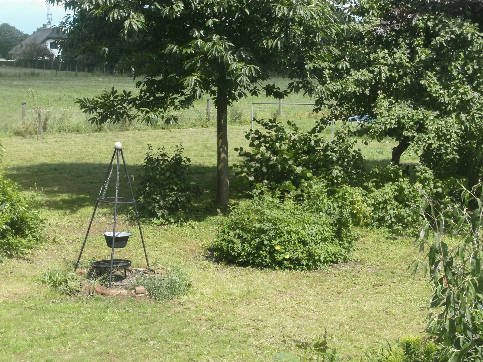 Feuerstelle mit hängendem Kessel im Grünen